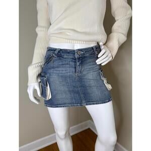 Rampage Blue Denim Mini Skirt Size 1 Low Rise Utility Pockets Y2K Style